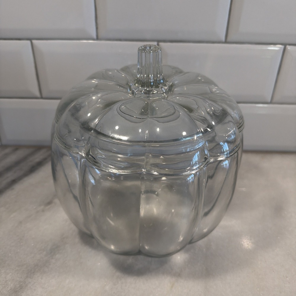 Vintage Anchor Hocking Glass Pumpkin Cookie Jar With Lid Halloween Fall OLA003